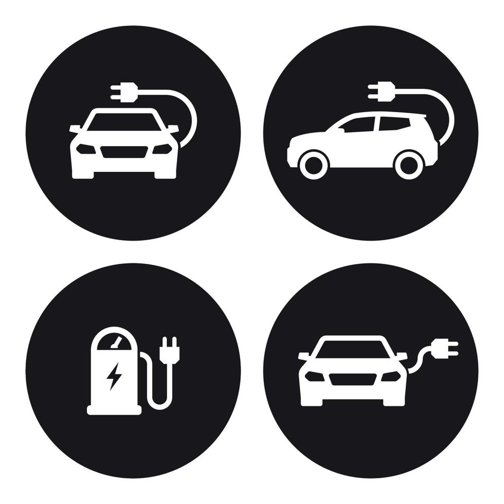 conjunto de ícones de carro elétrico de estação de carregamento. branco em um fundo preto vetor