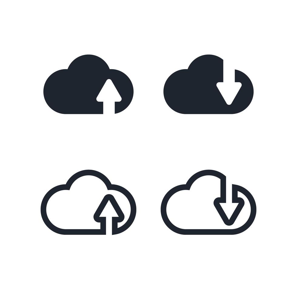 conjunto de ícones de nuvens, upload e download de ícones de armazenamento de dados online vetor