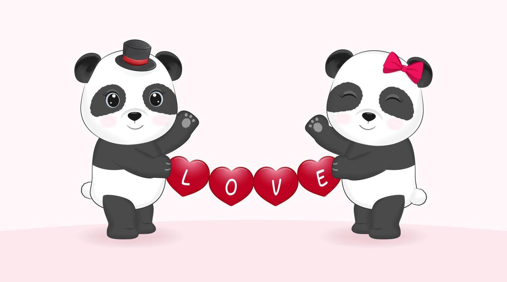 Lindo casal de pandas apaixonados desenho simples e mínimo de