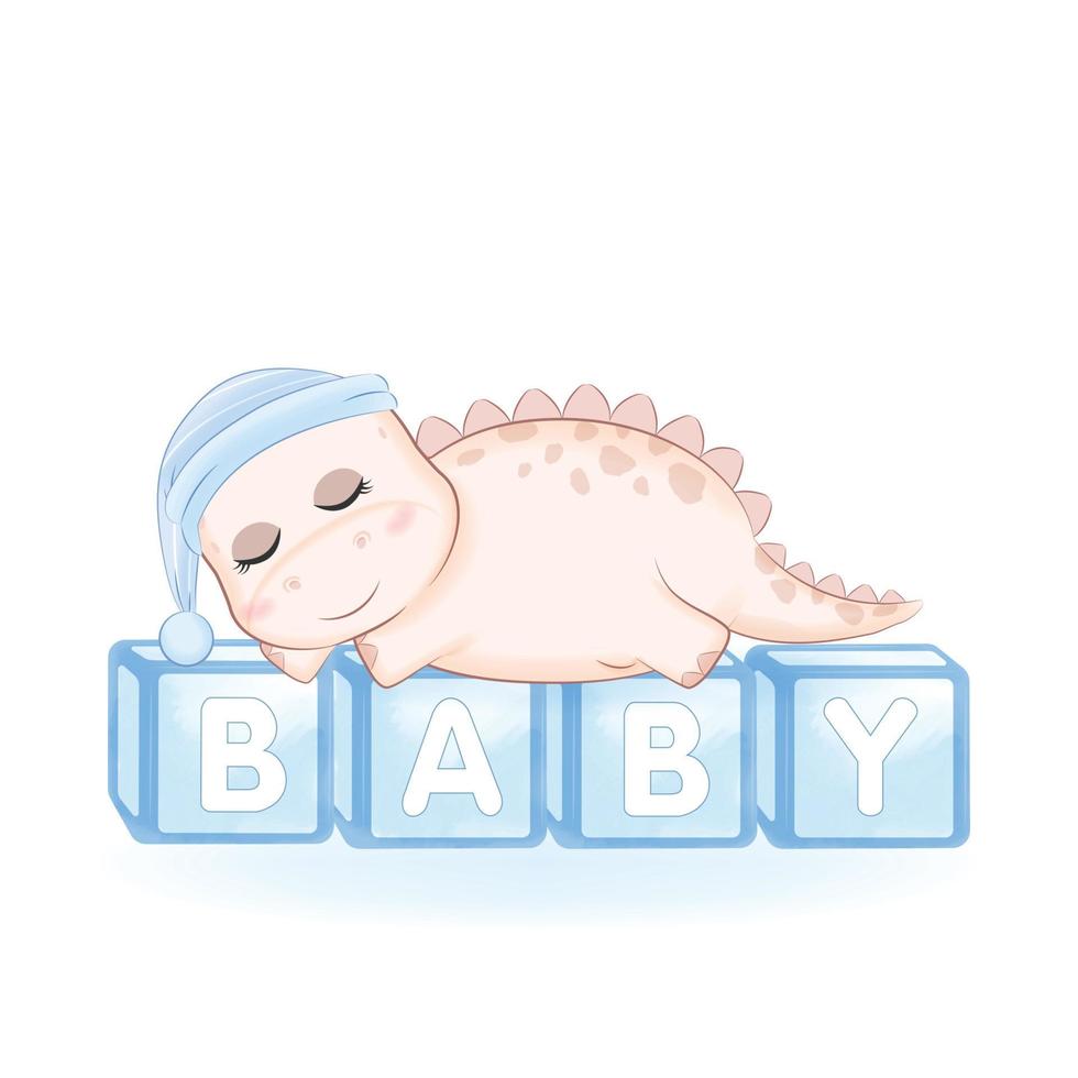 dinossauro fofo dormindo na ilustração de caixa de brinquedos de bebê vetor