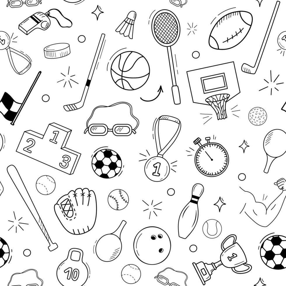 padrão sem emenda com ícones de esportes doodle mão desenhada. fundo monocromático. vetor