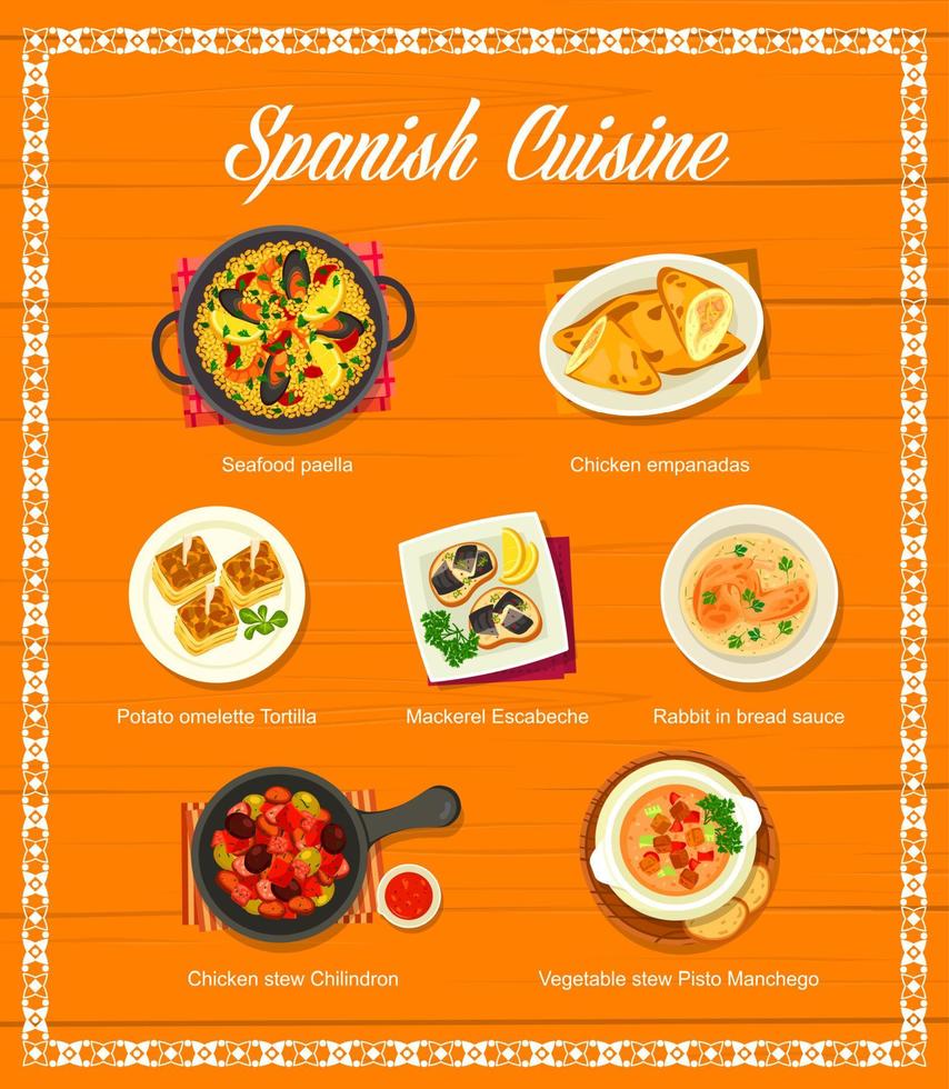 menu de comida espanhola, pratos de restaurante de cozinha espanhola vetor