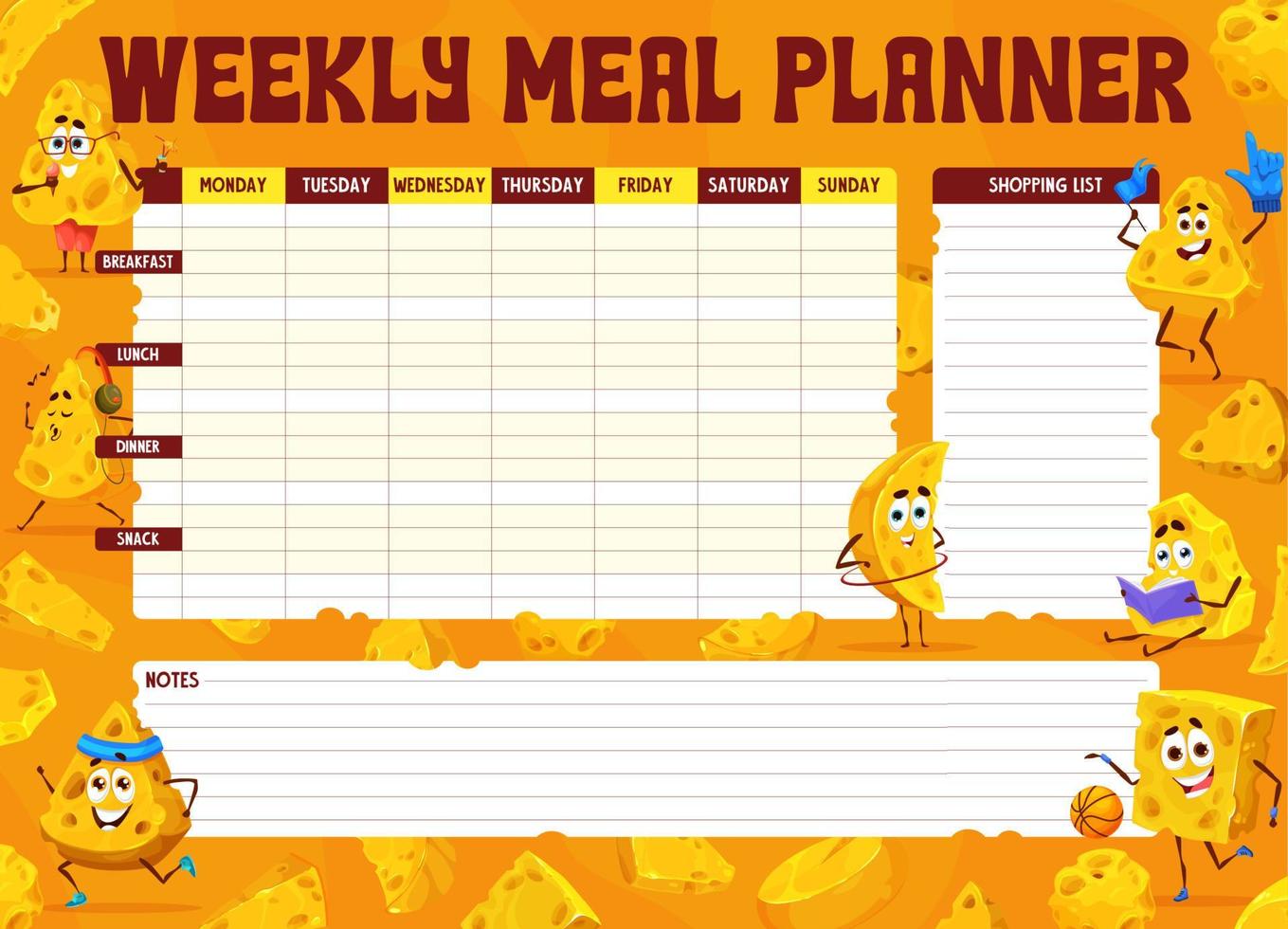 planejador de refeição semanal, personagens de queijo de desenho animado vetor