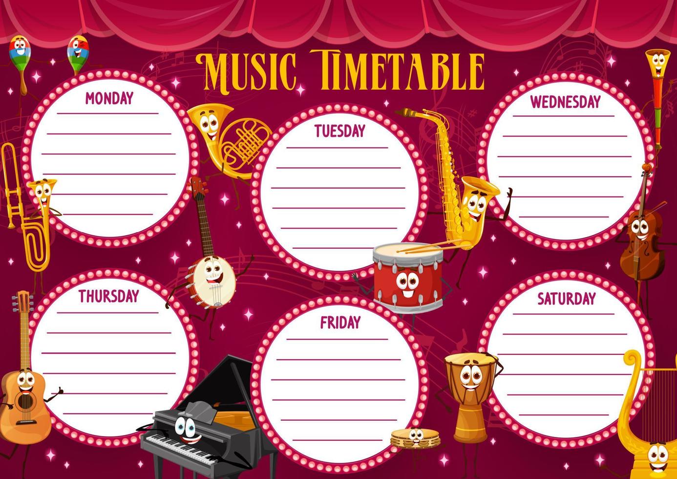 cronograma de calendário com instrumento musical de desenho animado vetor