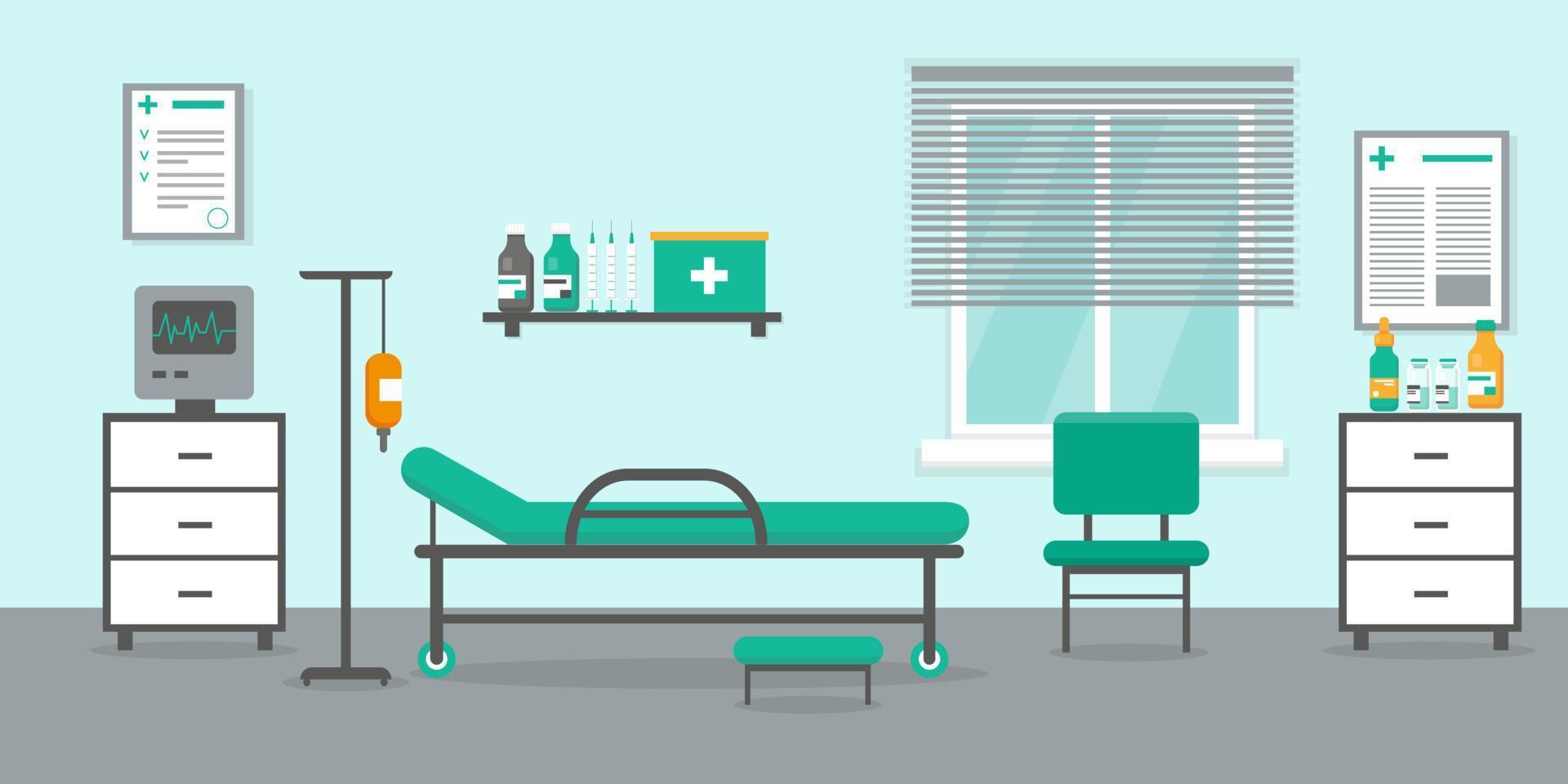 sala de terapia intensiva com cama, janela e equipamento médico. vector.illustration interior da sala de emergência do hospital. vetor