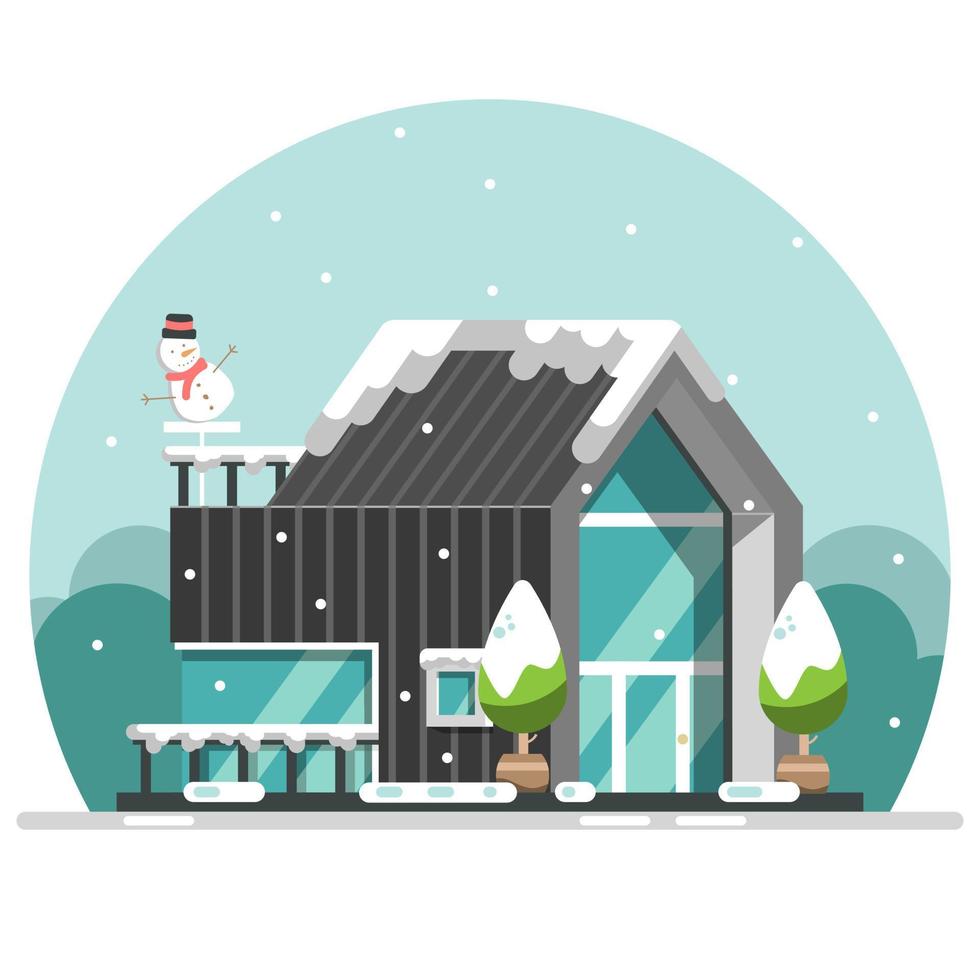 design plano de casa negra moderna no inverno com boneco de neve e queda de neve vetor