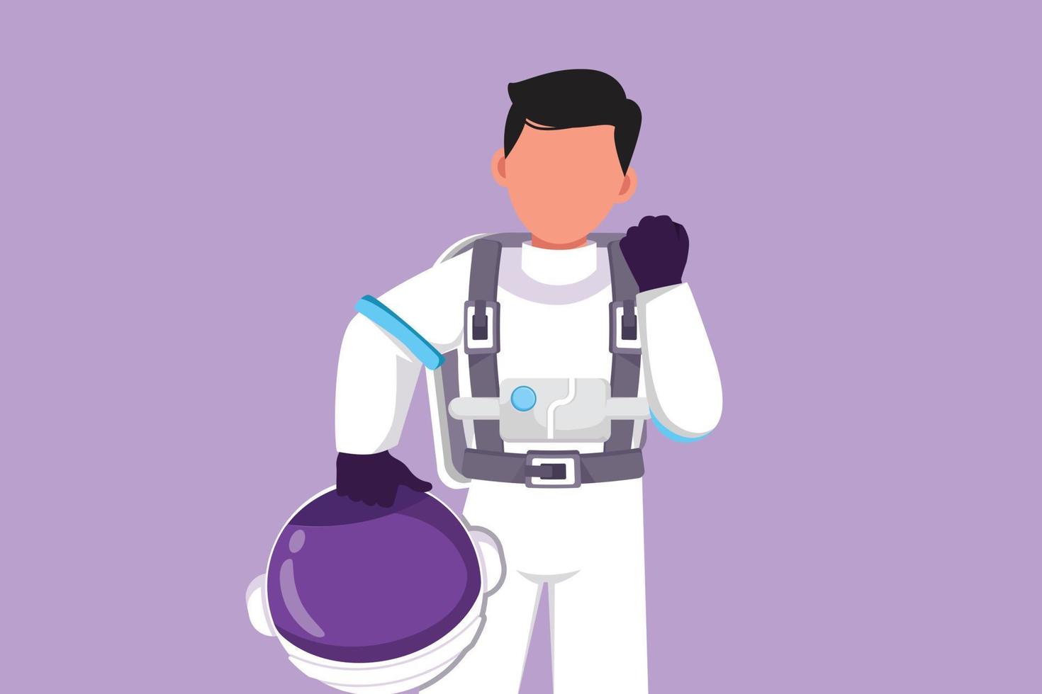 design plano gráfico desenhando astronauta masculino segurando capacete com gesto de comemoração usando traje espacial e pronto para explorar o espaço sideral em busca dos mistérios do universo. ilustração vetorial de estilo cartoon vetor