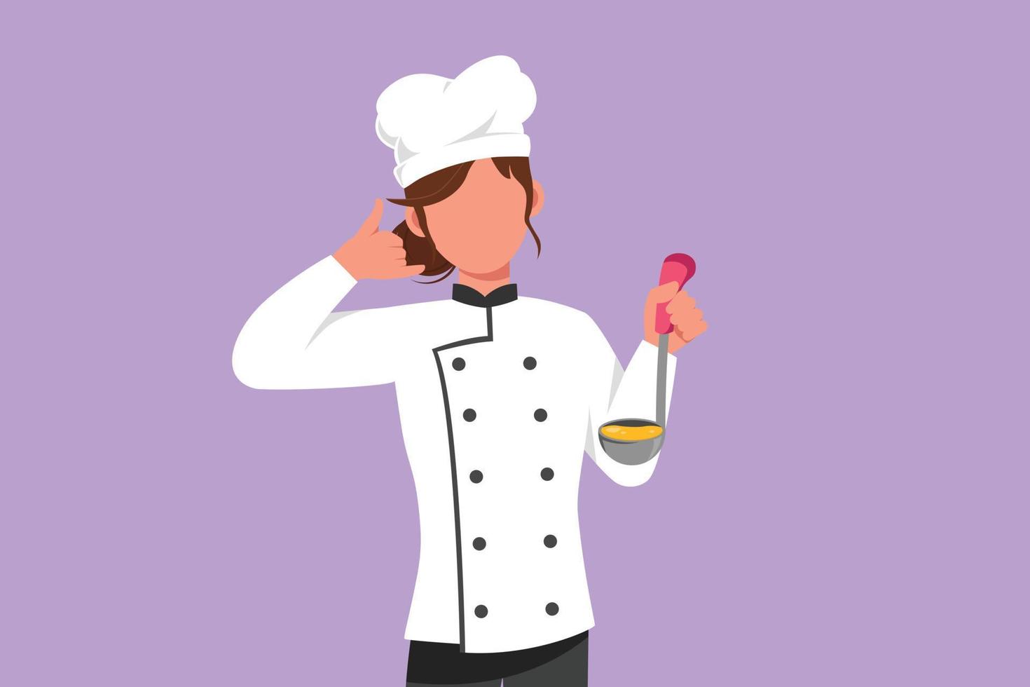 chef feminino de beleza de desenho plano de personagem segurando concha com gesto de me chamar e saboreando uma sopa deliciosa. vestindo uniforme pronto para cozinhar comida para os hóspedes no restaurante. ilustração vetorial de design de desenho animado vetor