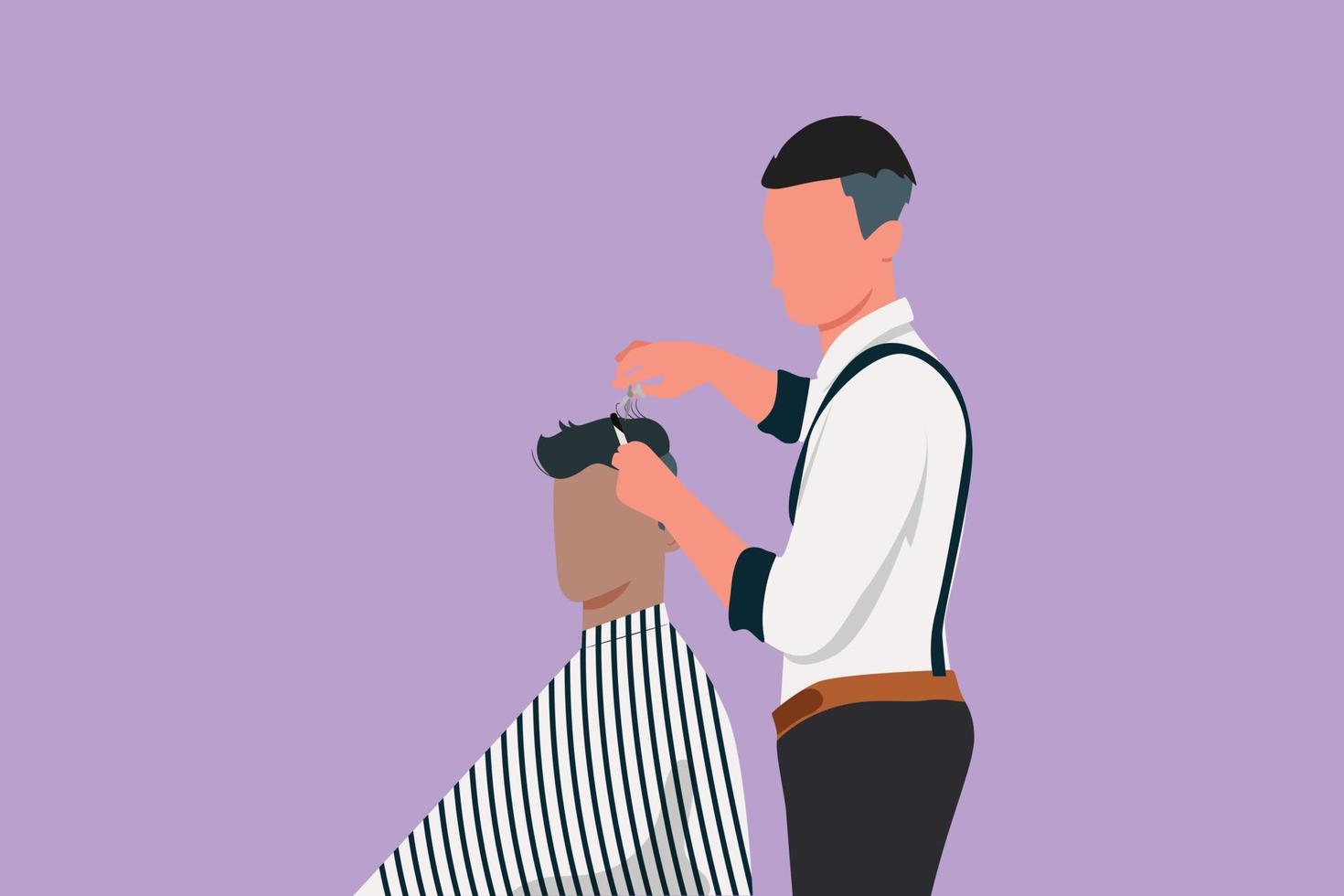 cliente de barbearia de desenho de design plano gráfico, que está cortando o cabelo perfeito de um estilista elegante, acalme-se e aguarde o resultado. negócio de sucesso. ilustração vetorial de estilo cartoon vetor