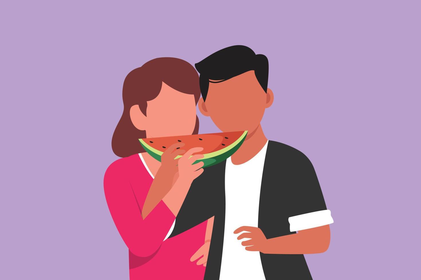 estilo plano dos desenhos animados desenhando casal jovem e sorridente comendo melancia ao ar livre se divertindo. comemore aniversários de casamento e desfrute de um almoço romântico no restaurante. ilustração vetorial de design gráfico vetor