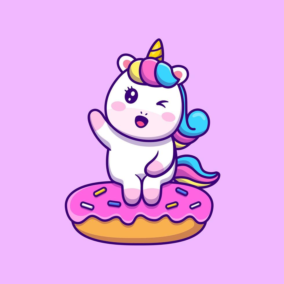 unicórnio fofo sentado na ilustração do ícone do donut cartoon vector. conceito de ícone de comida animal isolado vetor premium. estilo cartoon plana