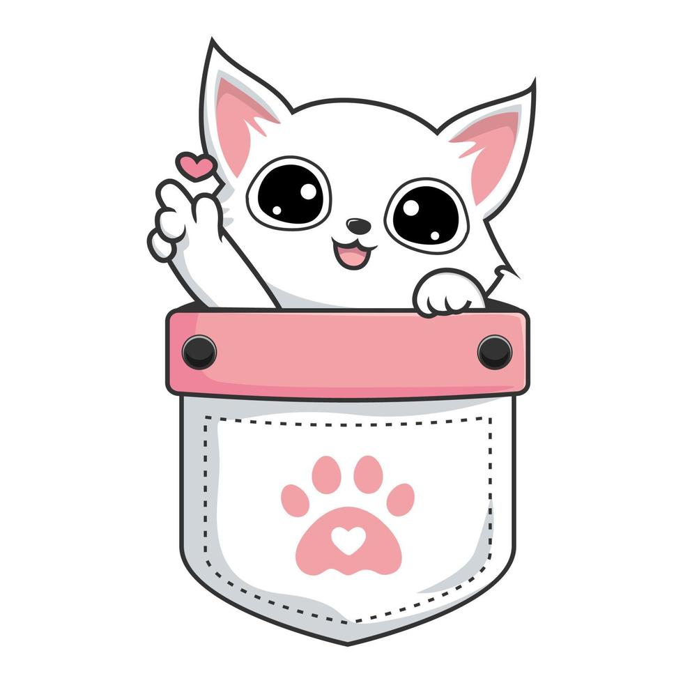 gato branco no bolso kawaii - lindo gatinho branco na bolsa com dedo de amor vetor