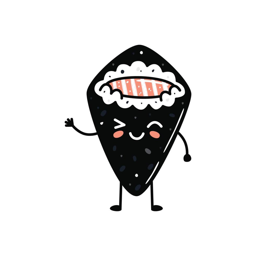 mascote de sushi kawaii em estilo cartoon. lindo temaki com salmão para menu vetor