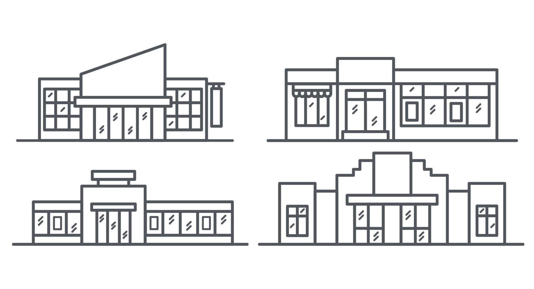 conjunto de ícones de supermercados. ilustração de contorno do centro comercial. conjunto de edifícios de loja. vetor