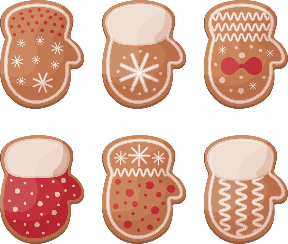 lindo conjunto de natal com pão de gengibre. pão de gengibre de ano novo em forma de bolos festivos de luvas. biscoitos de natal em forma de luvas. ilustração vetorial isolada em um fundo branco vetor