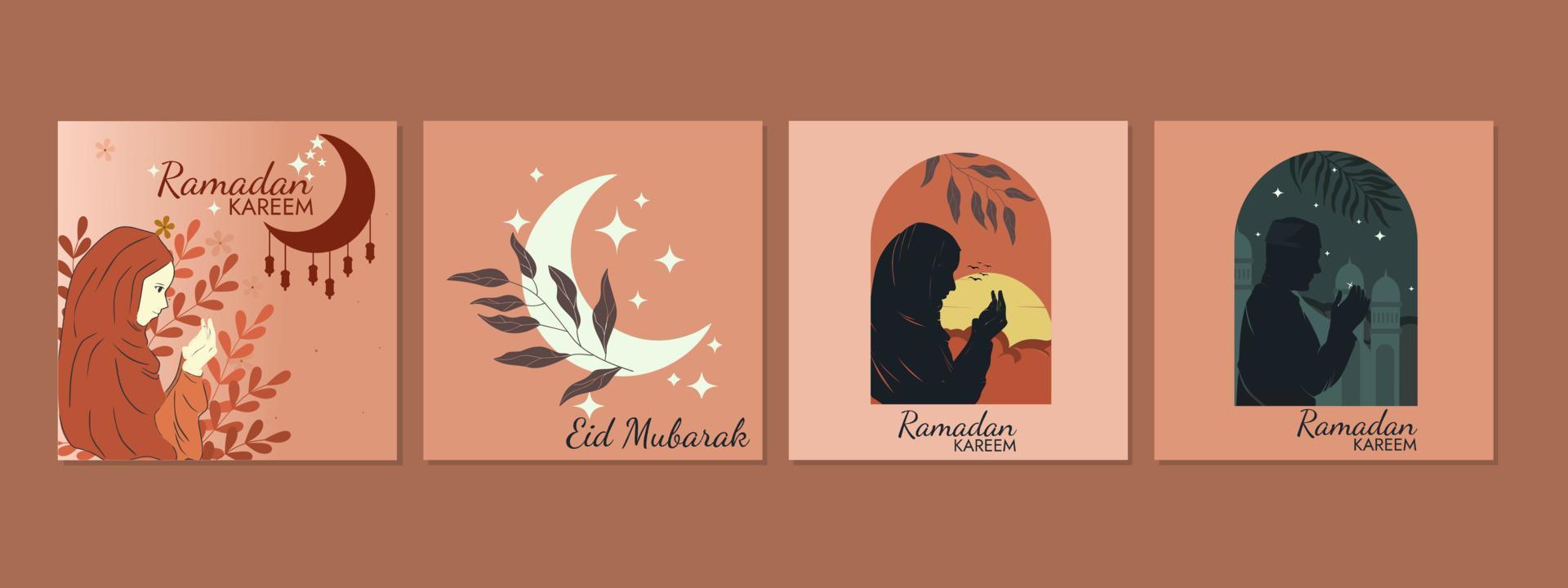 modelo de postagem do ramadã de design plano, modelo de postagem de mídia social, panfleto quadrado e banner, celebração no mês do ramadã. ilustração de mulher e homem rezando. vetor