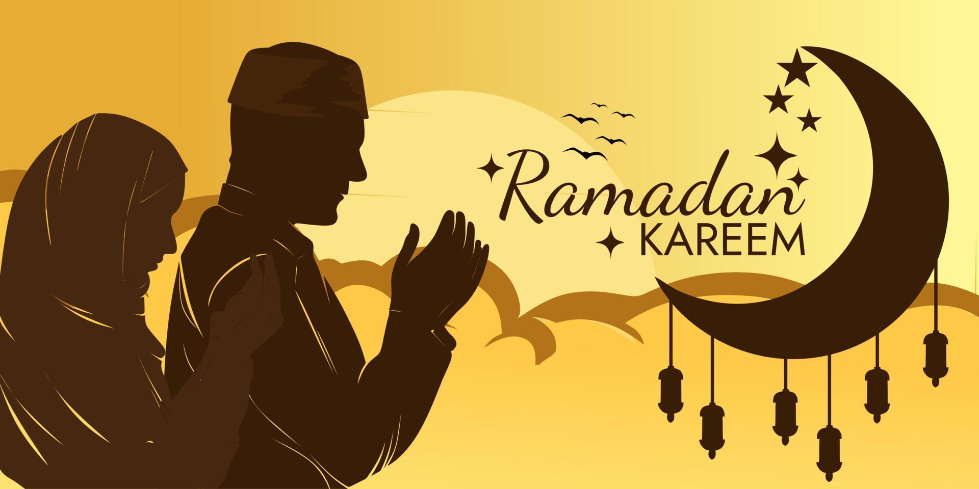 banner horizontal Ramadan Kareem com ilustração de mulher muçulmana e homem rezando. paisagem com nascer do sol ao fundo vetor