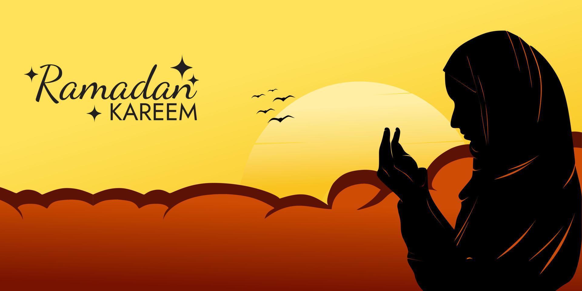 banner horizontal Ramadan Kareem com ilustração de mulher muçulmana rezando. paisagem com nascer do sol ao fundo vetor
