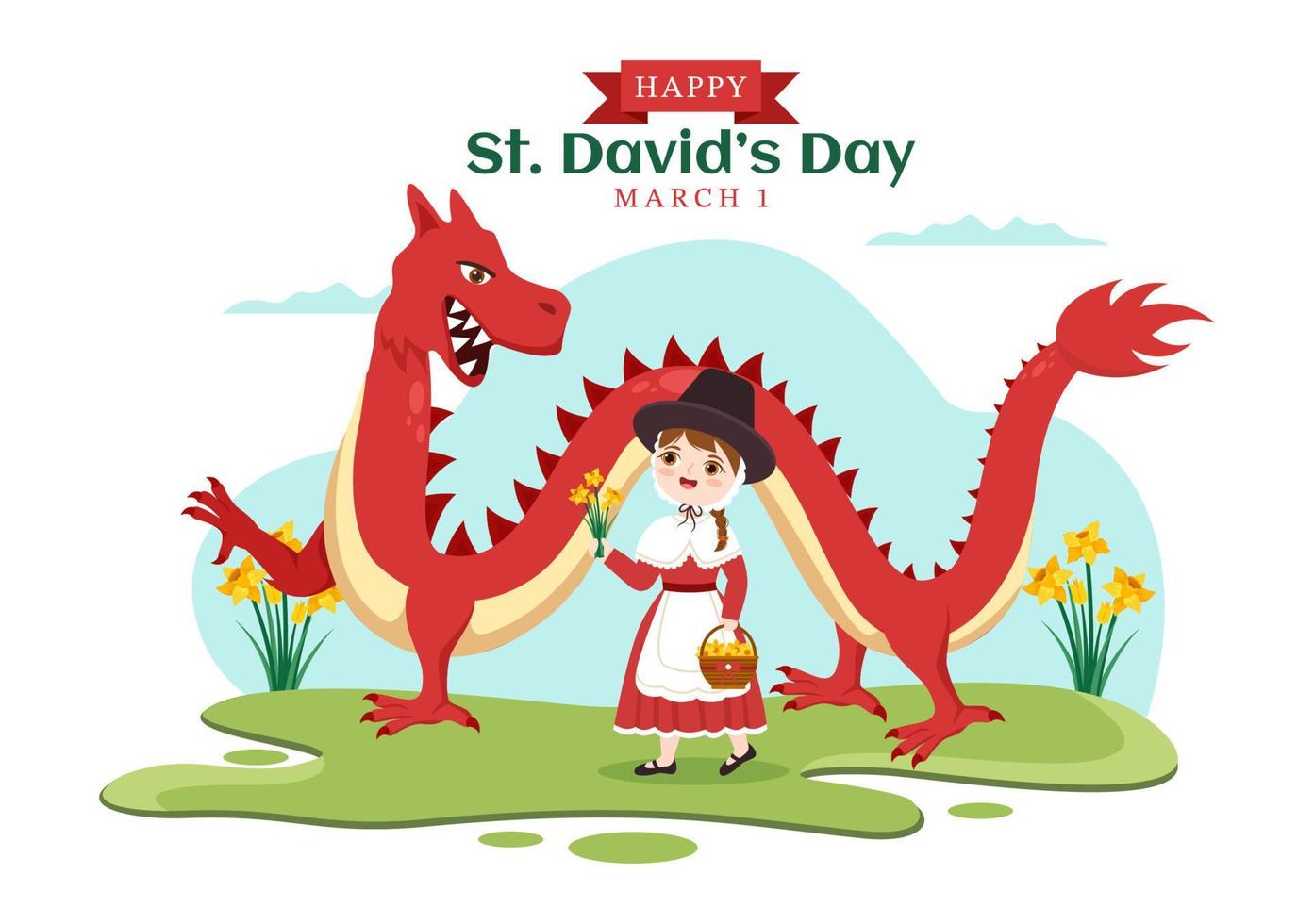 feliz dia de são david em 1º de março ilustração com vestido galês infantil, dragões e narcisos amarelos em desenhos animados planos desenhados à mão para modelos de página de destino vetor