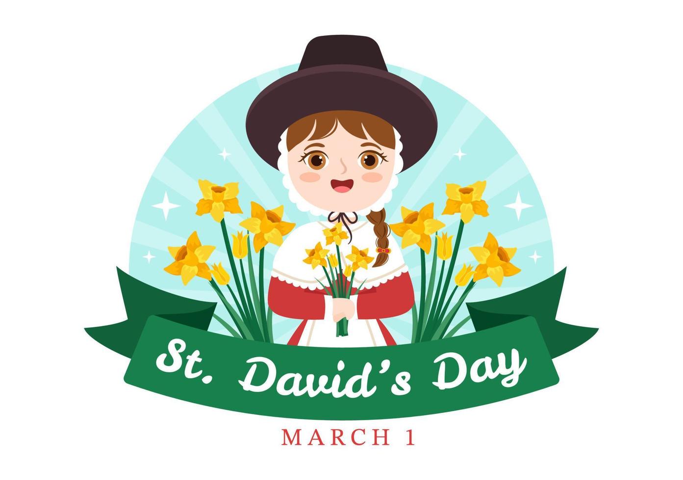 feliz dia de são david em 1º de março ilustração com vestido galês infantil, dragões e narcisos amarelos em desenhos animados planos desenhados à mão para modelos de página de destino vetor