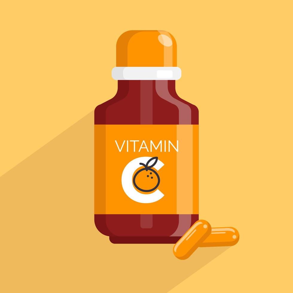 garrafa de vitamina c. suplemento de rótulo com uma fatia de laranja. cápsula e comprimidos para nutrição. ilustração vetorial. vetor