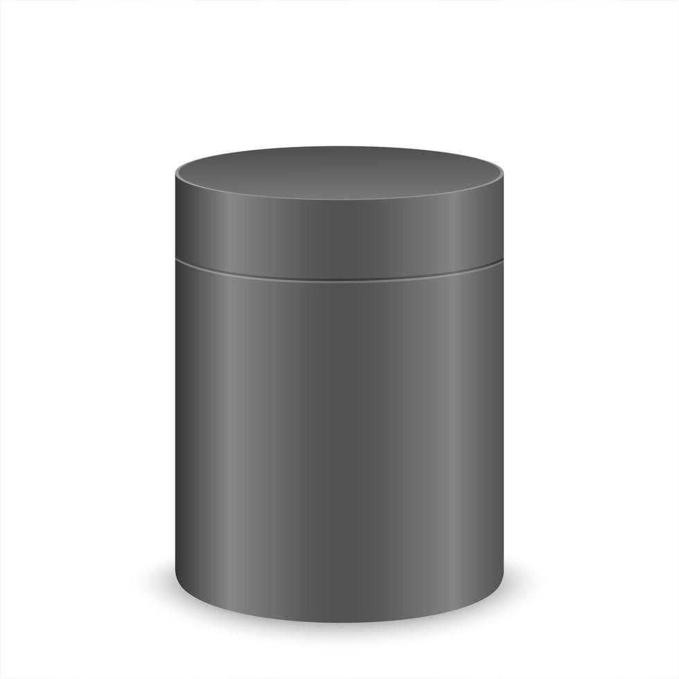 caixa de cilindro preto lata de plástico ou maquete de pacote de papelão para recipiente de design de produto para presente chá café comida vetor
