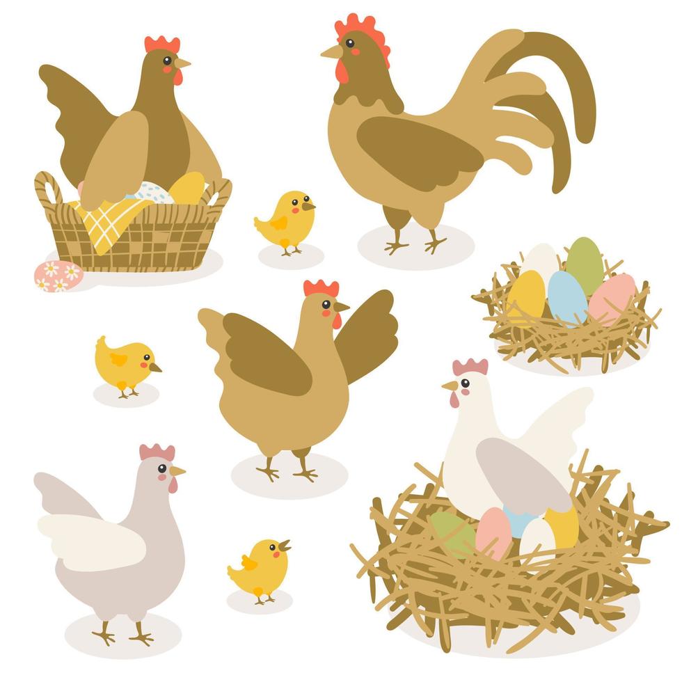 galinhas coloridas vetoriais, galinhas e ovos de galinha. uma ilustração de rabiscos isolados em um fundo branco. um conjunto de pássaros para a páscoa, decoração, convite, cartões postais. vetor