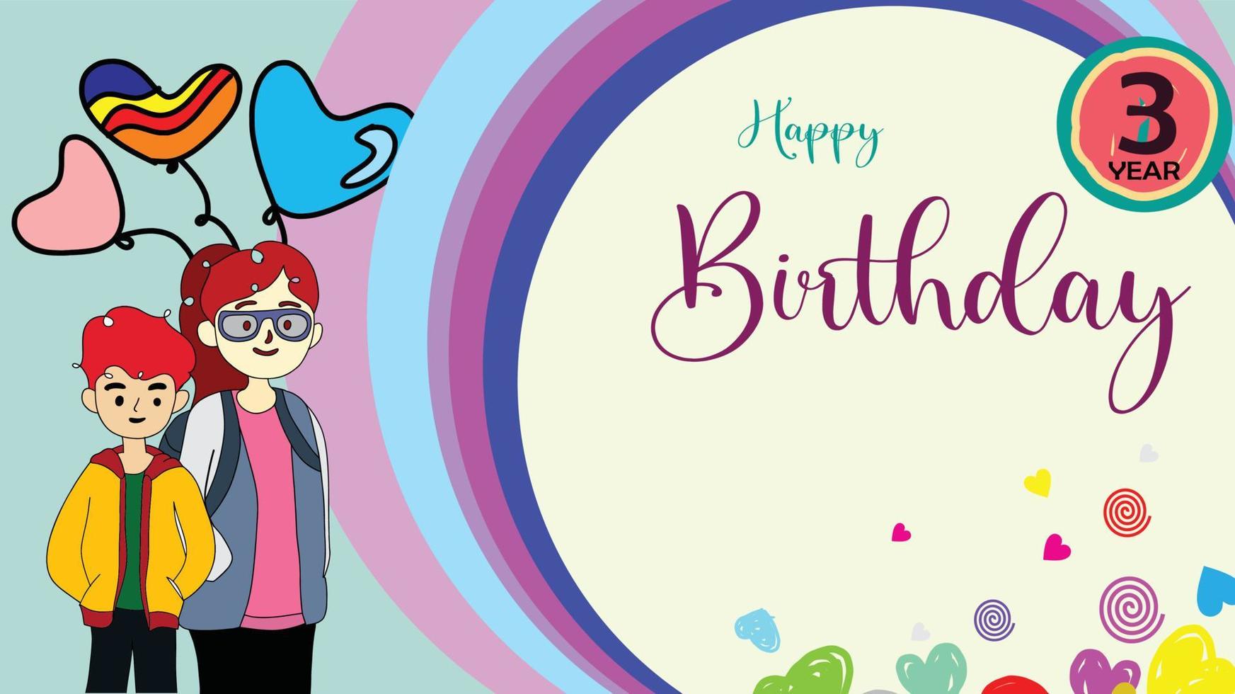 cartões de feliz aniversário com áreas de espaço em branco e personagens de desenhos animados. ícone de balão. amor brilhante. vetor