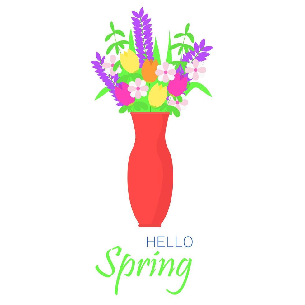 flores em vaso isolado. buquê de flores da primavera com texto Olá primavera. ilustração vetorial. vetor