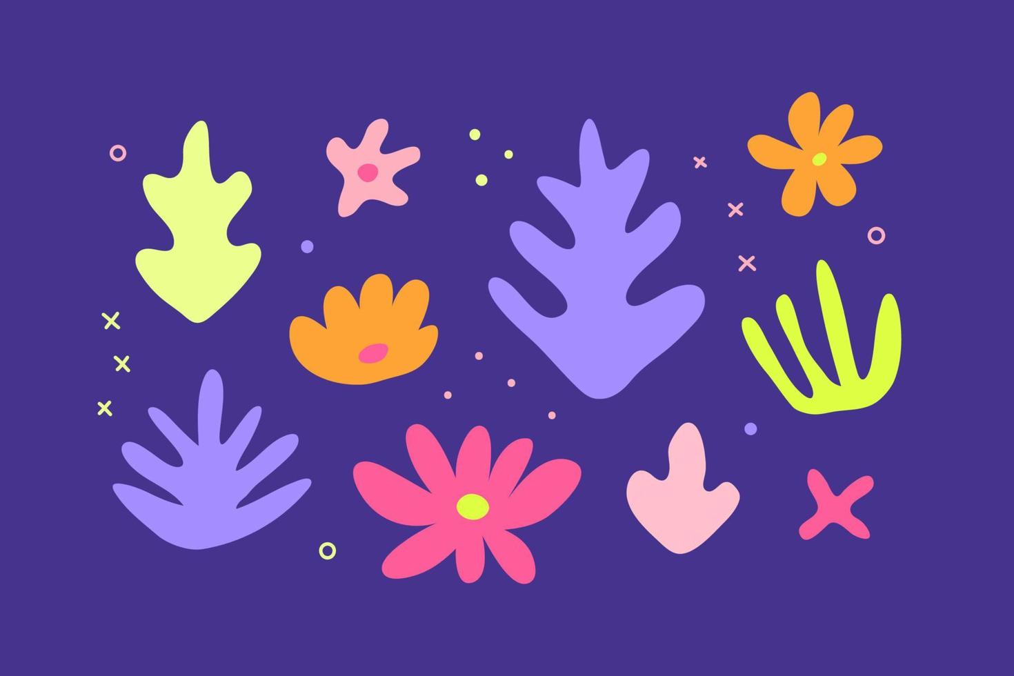conjunto de flores e folhas tropicais coloridas doodle. vetor