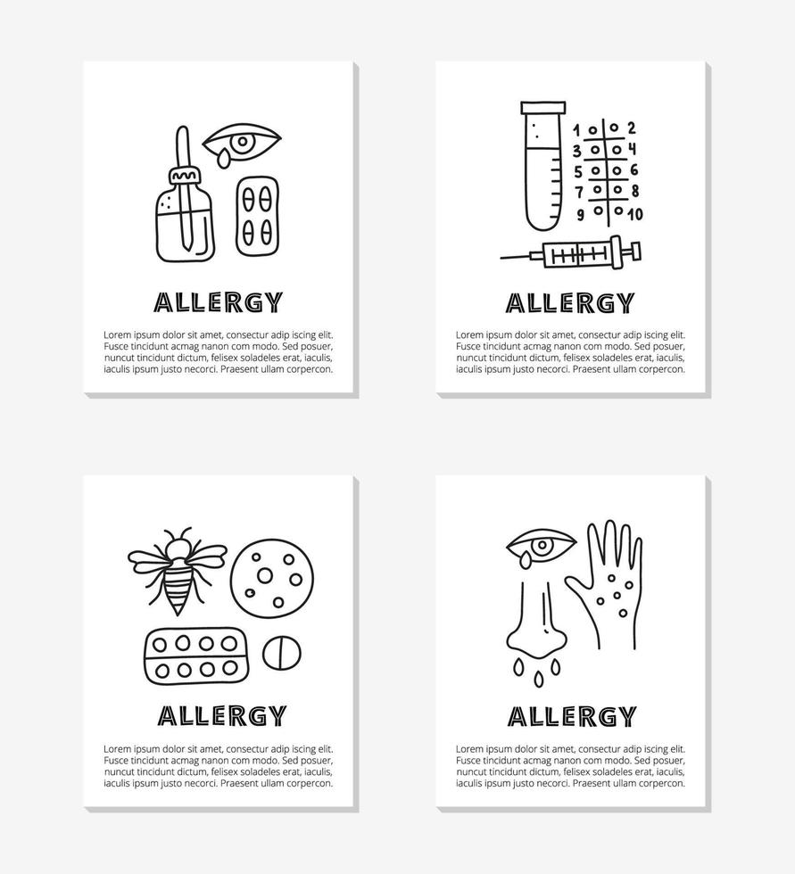 cartões com ícones de alergia de contorno doodle. vetor