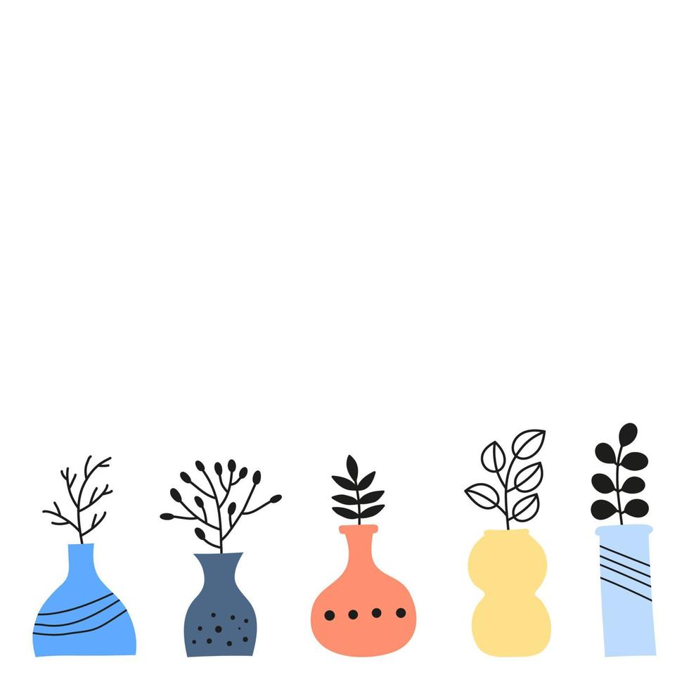 cartaz com doodle plantas selvagens, ervas, galhos, bagas em vasos. vetor