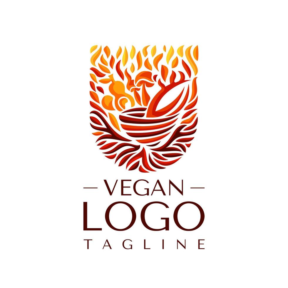 modelo de design de logotipo de refeição vegana quente. vetor gráfico de logotipo de comida vegana de fogo.