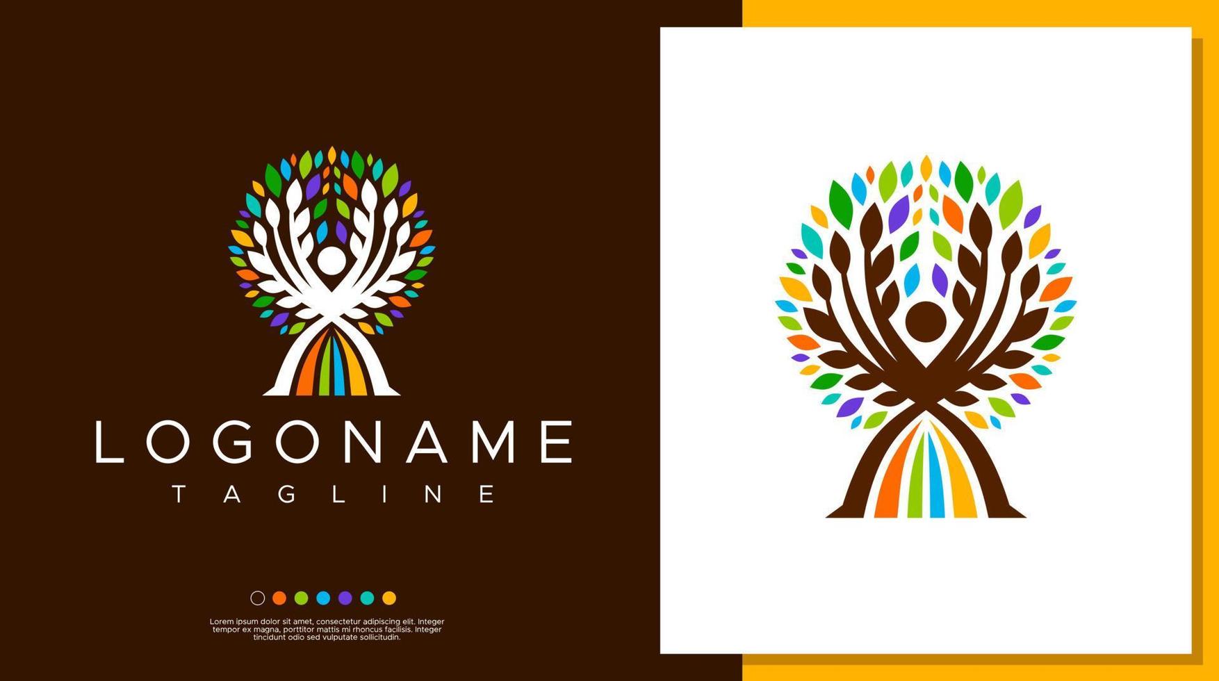 modelo de design de logotipo de árvore humana abstrata. divertida marca de logotipo de folha humana colorida. vetor