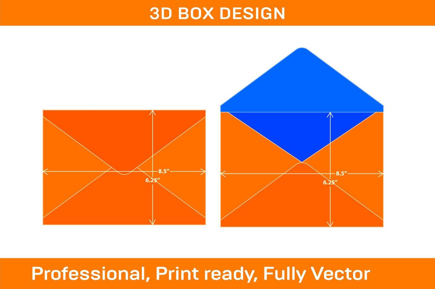 Modelo dieline de envelope com aba pontiaguda de 6,25 x 8,5 polegadas e envelope 3D redimensionável vetor