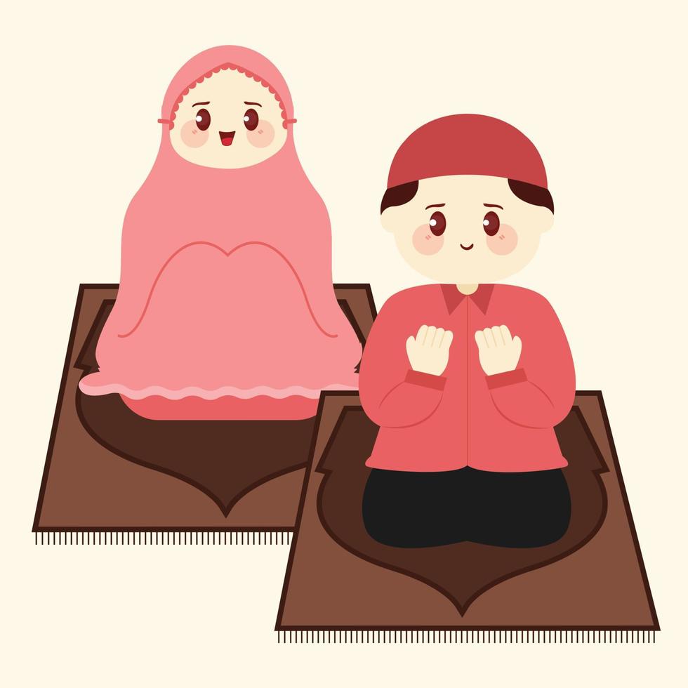 desenho de casal bonito muçulmano rezando e levantando as duas mãos para rezar no mês do ramadã ilustração vetorial plana vetor