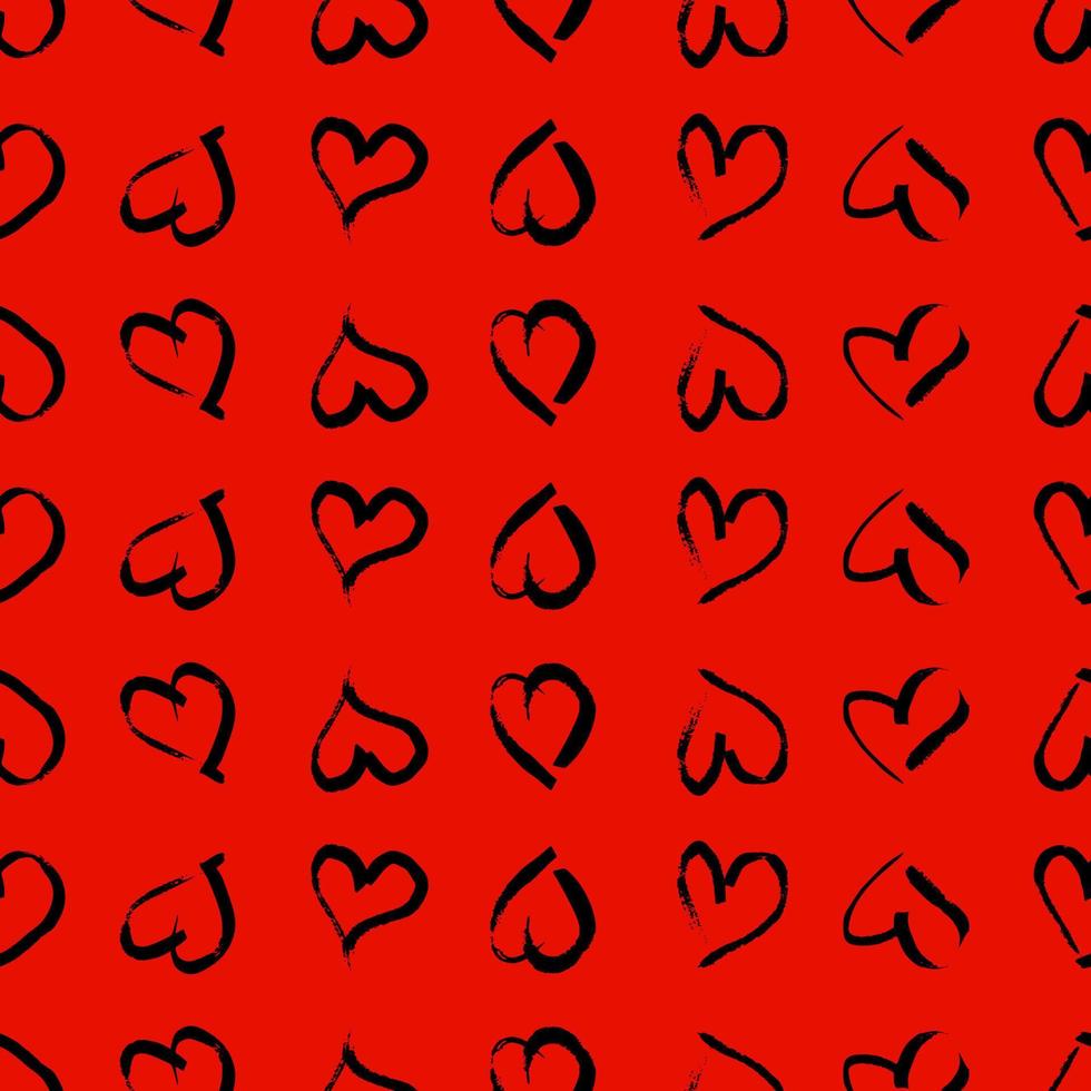padrão perfeito com corações desenhados à mão. doodle grunge corações negros sobre fundo vermelho. ilustração vetorial. vetor