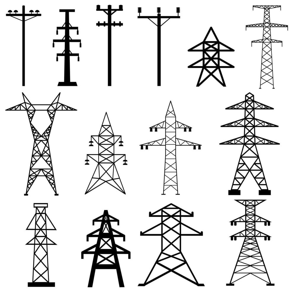 Conjunto de vetores de ícone de torre de eletricidade. coleção de sinais de ilustração de torre de transmissão. símbolo de linhas de energia. logotipo de linhas elétricas.