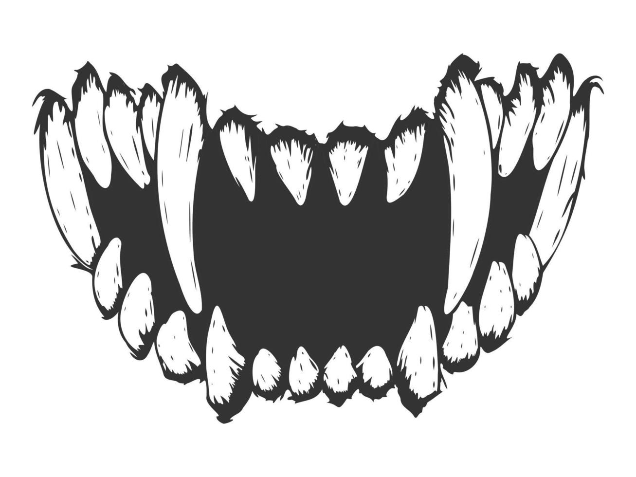 dentes em um sorriso. fang. ilustração vetorial. isolado em impressão branca, monocromática, preto e branco. vetor