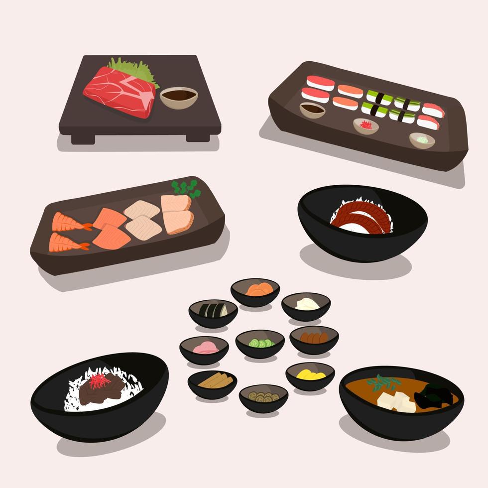 culinária nacional japonesa. ilustração vetorial de sushi, sashimi e tsukemono, sopa de missô e gyudon e carne de kobe. vetor