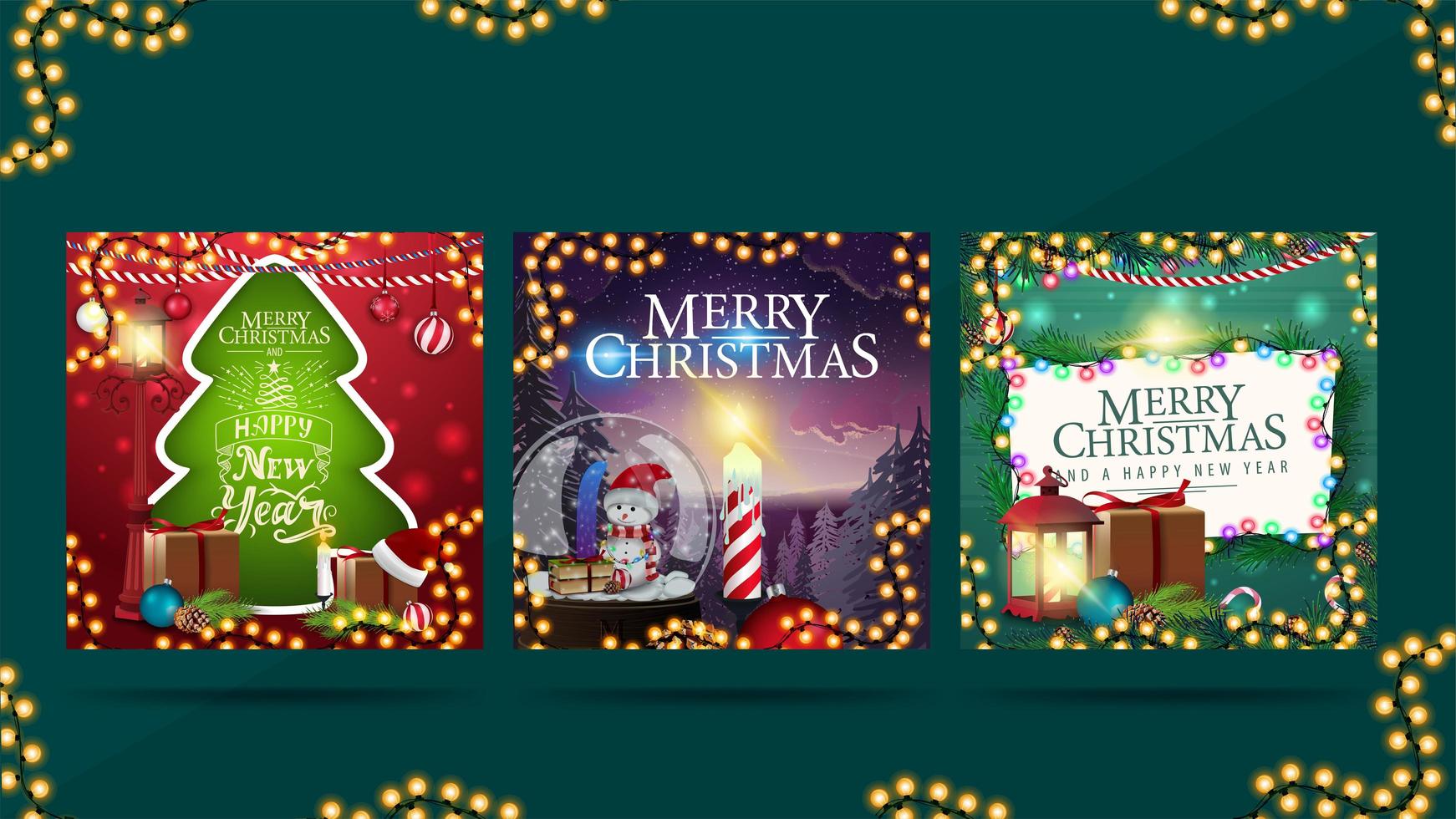 Feliz Natal, um conjunto de cartões quadrados isolados em um fundo branco. paisagem de inverno dos desenhos animados e texturas de madeira com galhos de árvores de natal vetor