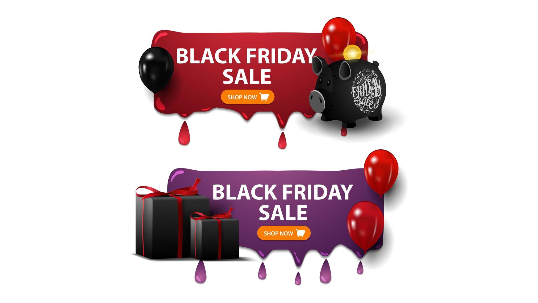 venda de sexta-feira negra, dois banners de descontos horizontais com cofrinho, balões e presentes isolados no fundo branco vetor