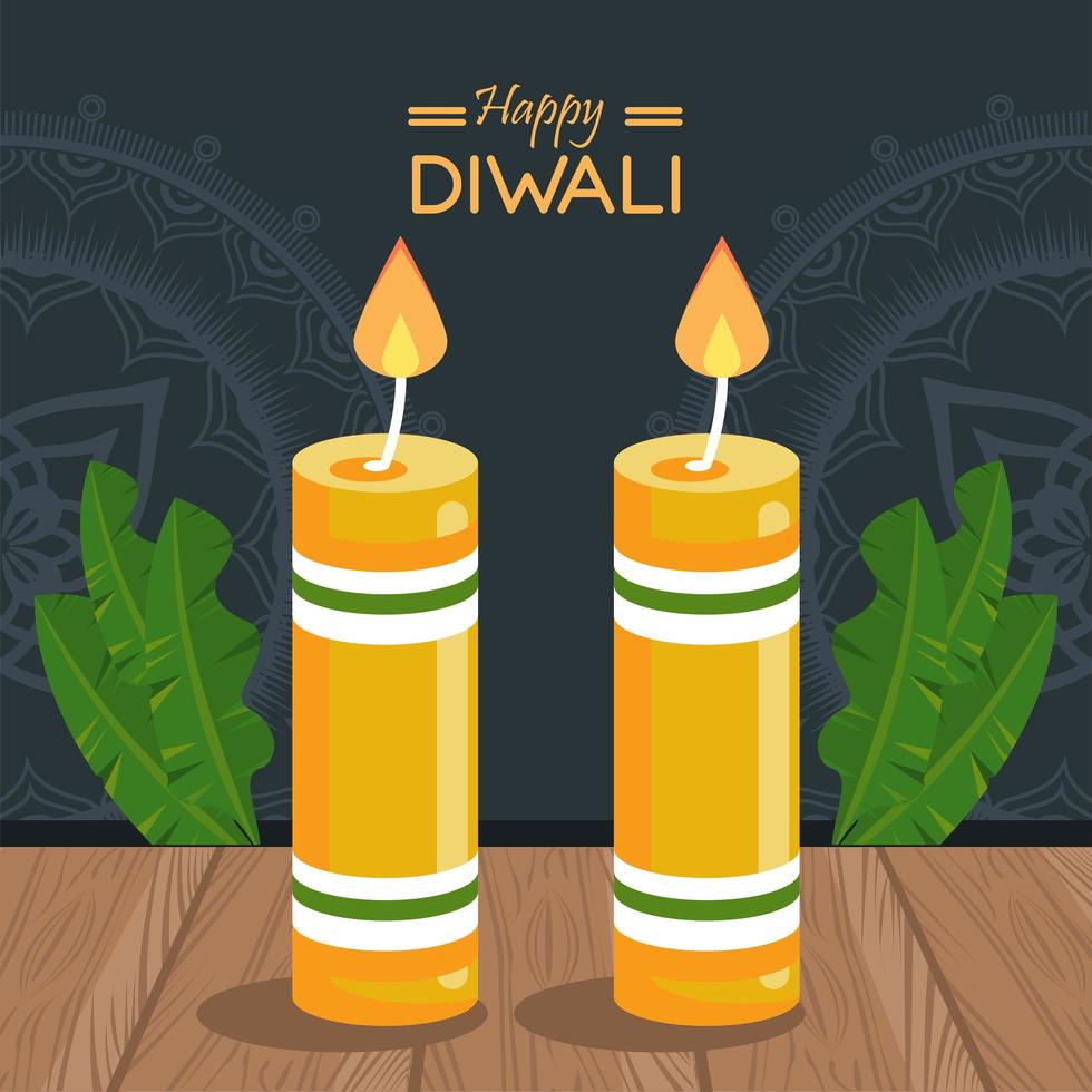 feliz celebração diwali com duas velas e folhas na mesa de madeira vetor