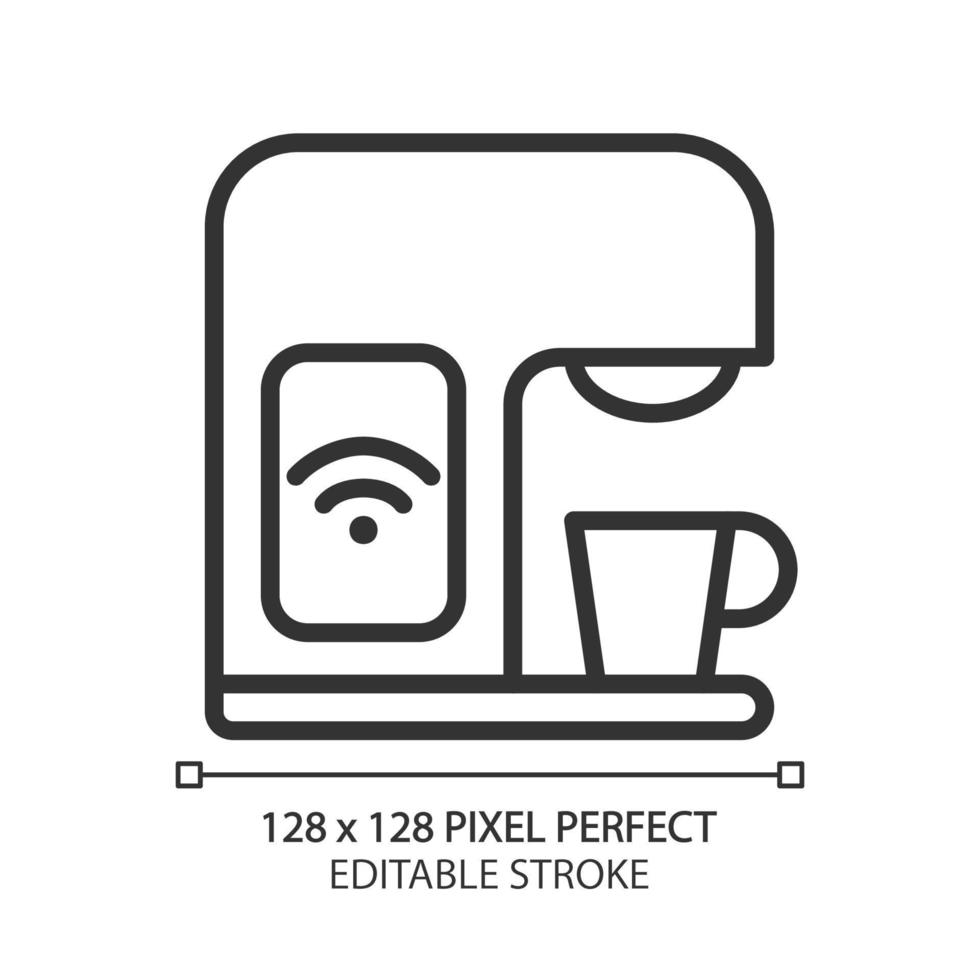 ícone linear perfeito do pixel da máquina de café inteligente. Internet das Coisas. eletrodoméstico inteligente. aparelho de cozinha. economizador de energia. ilustração de linha fina. símbolo de contorno. desenho de esboço do vetor. traço editável vetor