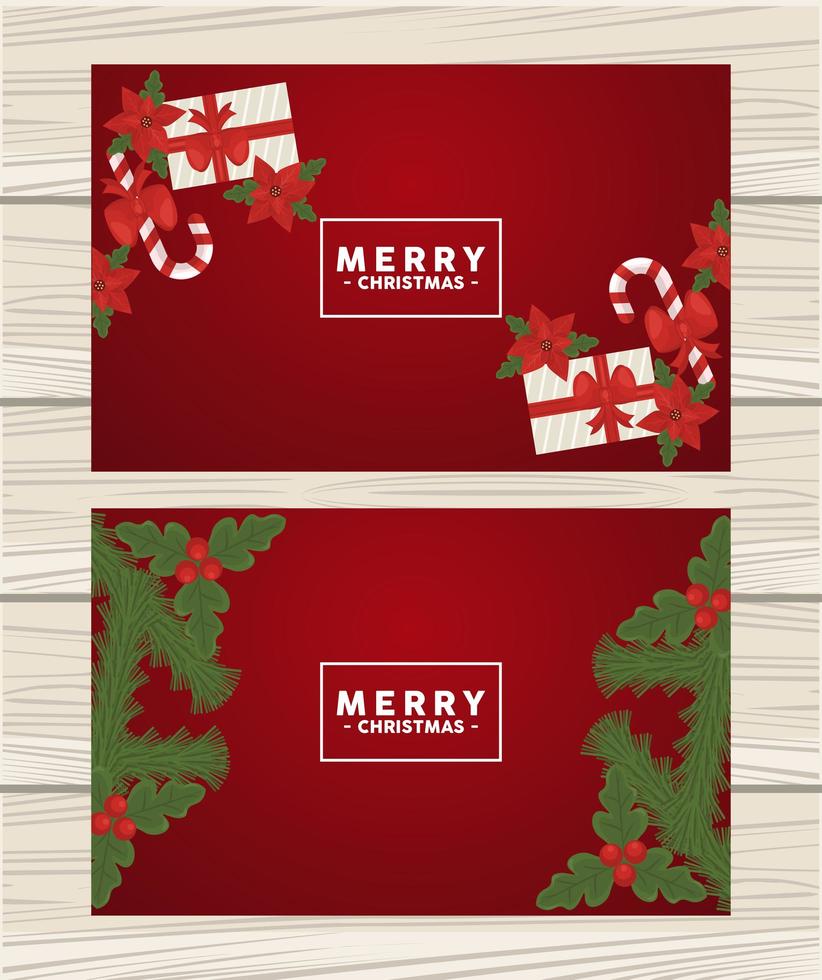 letras de feliz natal em molduras quadradas com presentes e folhas vetor