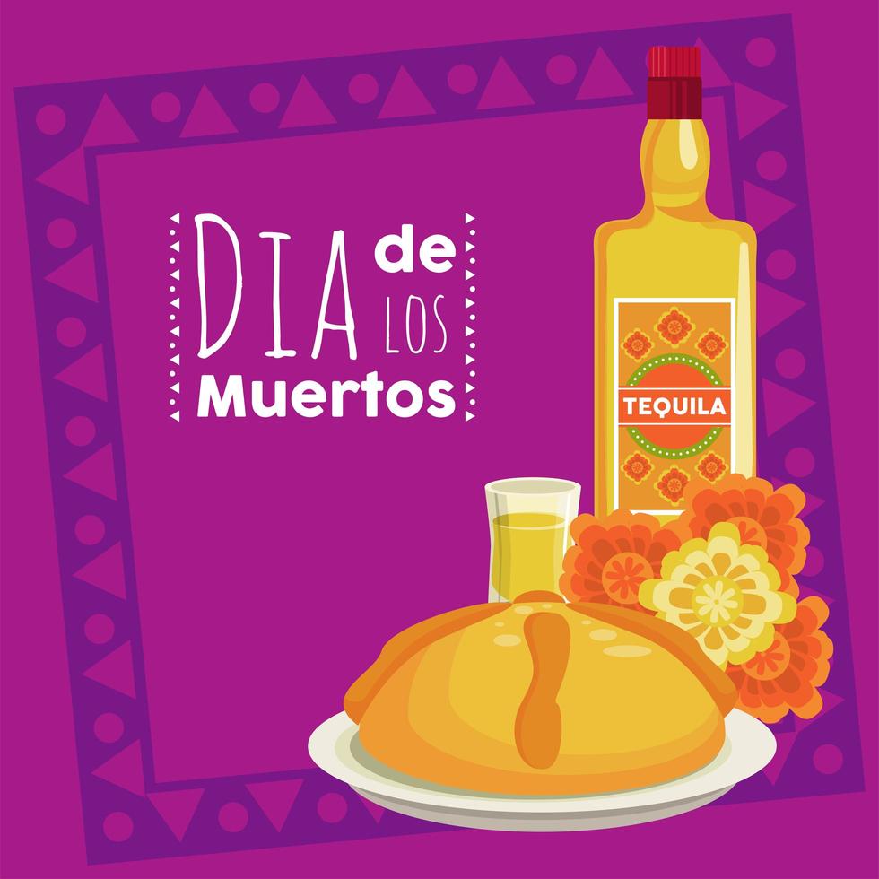 pôster do dia de los muertos com garrafa de tequila e flores vetor