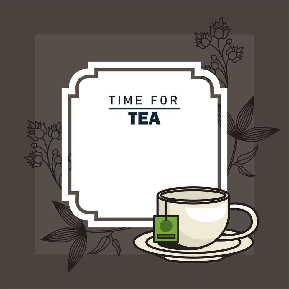 hora do pôster de letras de chá com copo no prato vetor