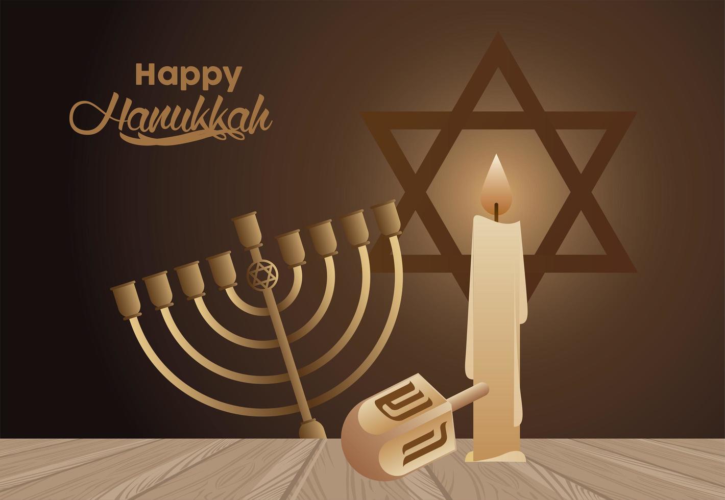 feliz celebração hanukkah com candelabro e pião vetor