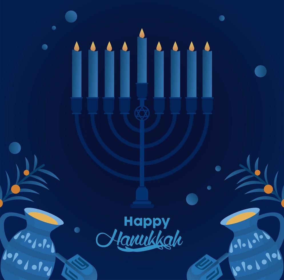 feliz festa de hanukkah com candelabro e bules vetor