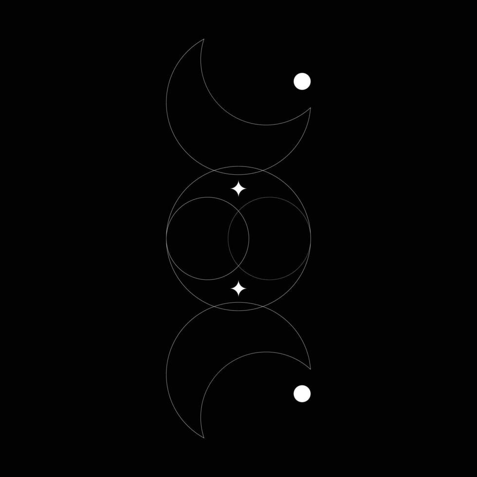 arte de linha abstrata de vetor branco eps10 da lua com estrelas brilhantes isoladas no fundo preto